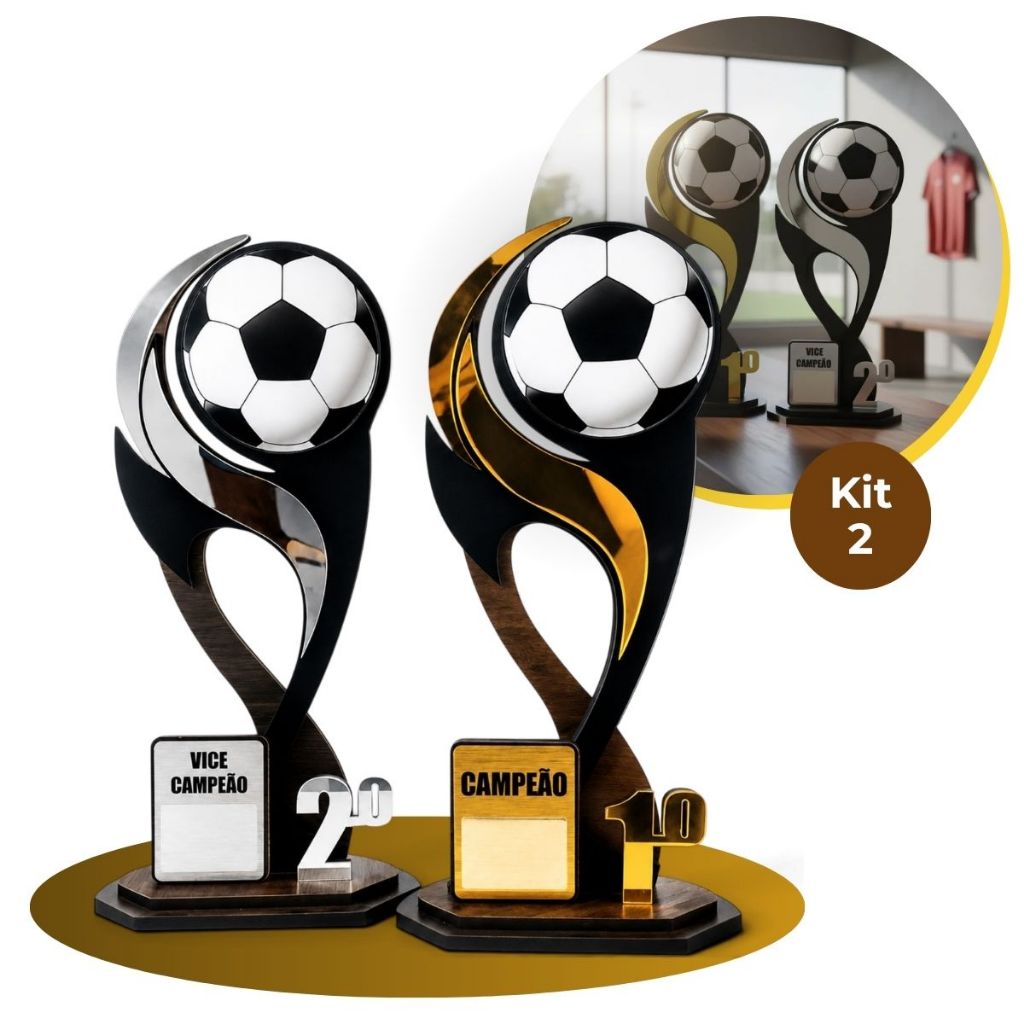 Kit 2 Troféus Futebol Campeão  e Vice Mdf Acrílico Premium Design Moderno 35cm Troféus Ouro E Prata