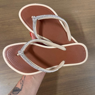 Chinelo Slim Feminino Sandália Com Strass Napa Caramelo Queima de Estoque