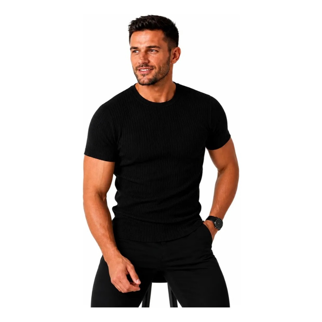 Camiseta Masculina Canelada Gola Alta Manga Curta Slim