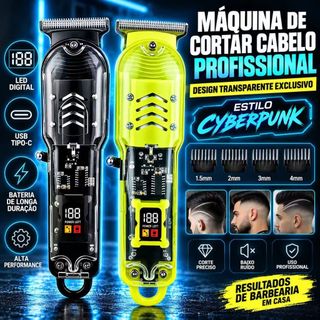 Máquina de Cortar Cabelo Transparente com Display LED Bateria Recarregável Pentes Guia para Uso Doméstico