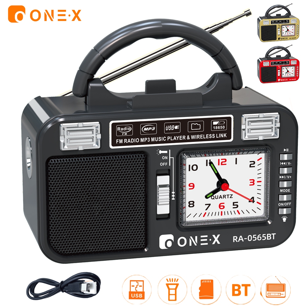 Rádio Portátil Retrô Bluetooth FM USB TF Lanterna Relógio Recarregável