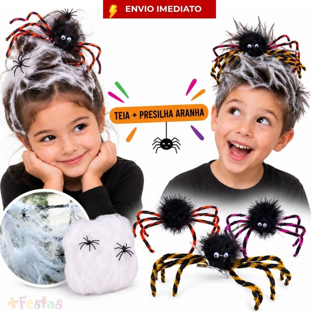 Kit Cabelo Maluco Teia de Aranha + Presilha Aranha Felpuda Infantil Escola Dia da Crianças Halloween