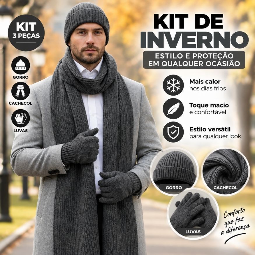 Kit Inverno Masculino Gorro Cachecol Luvas Quente Elegante