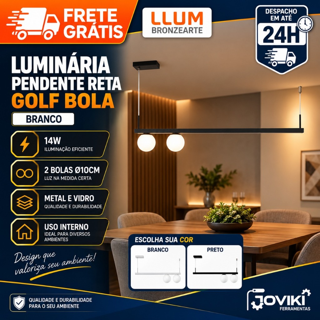 Luminária Pendente Reta de LED Golf Bola LLUM Bronzearte 14W Mesa De Jantar Balcão Cozinha Sala Minimalista Luxo