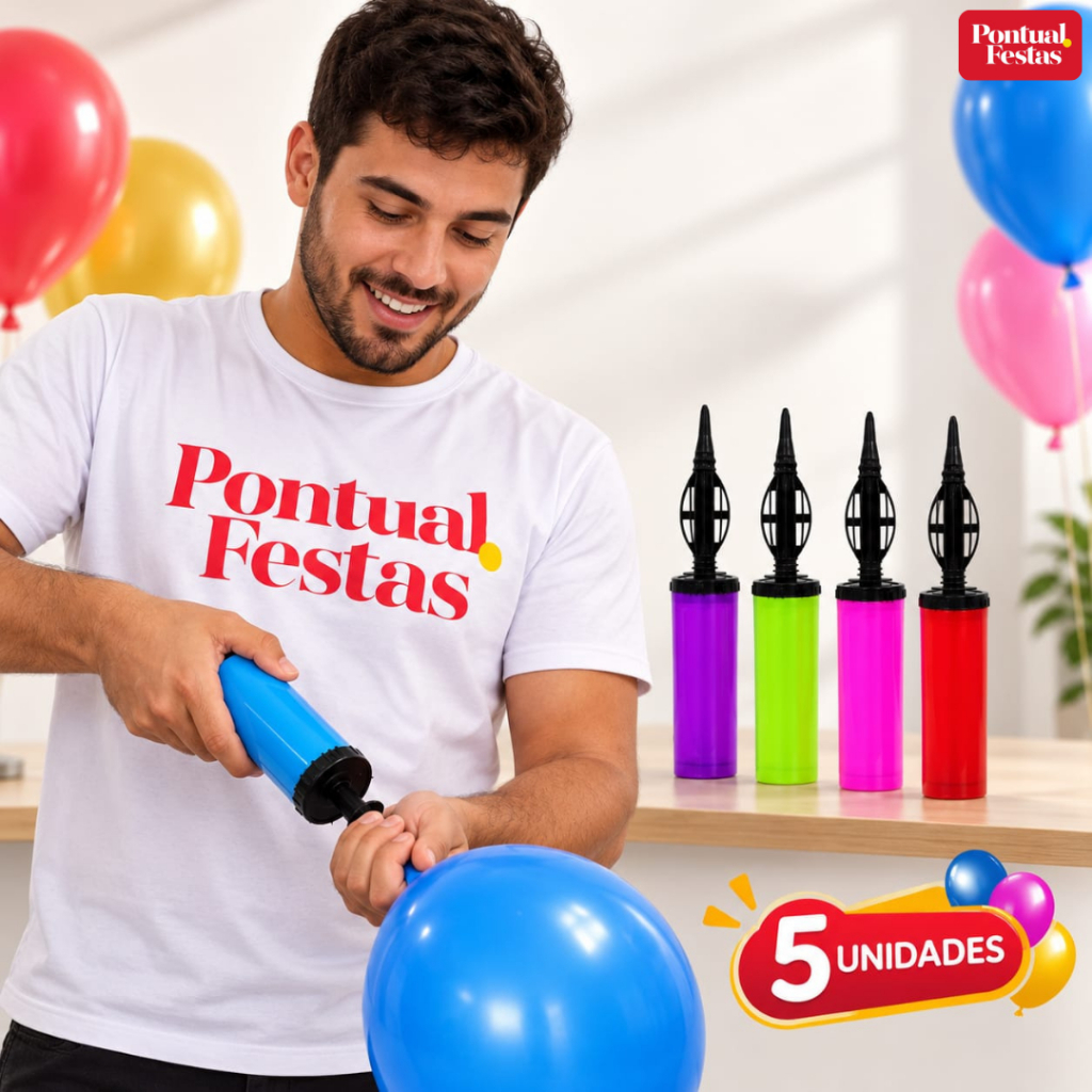 KIT 5 Bomba Inflador de Balão e Bexiga Manual Profissional. Encher Balões e Bexigas. Cores Sortidas