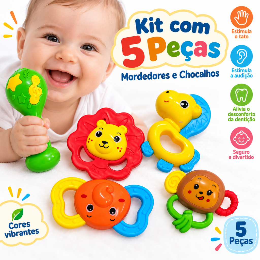 Kit 5 Mordedores e Chocalhos para Bebê Brinquedos Sensoriais para Dentição