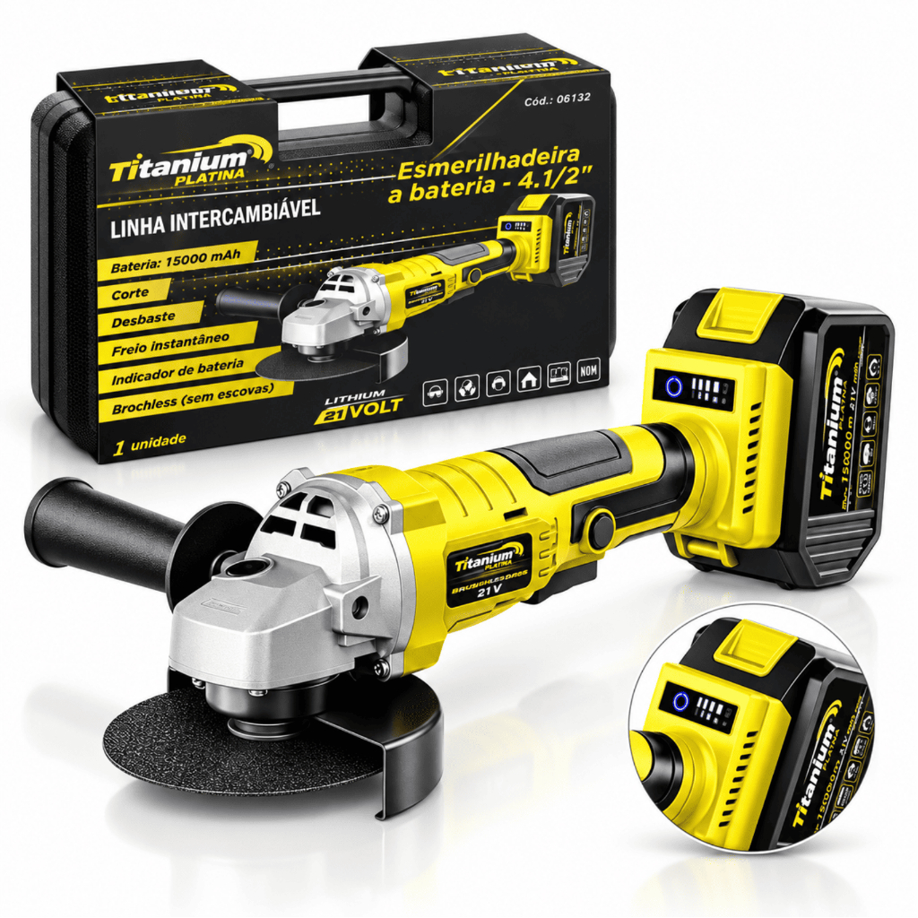 Esmerilhadeira a Bateria 21V 115mm Brushless Titanium Platina com Maleta, Bateria e Carregador