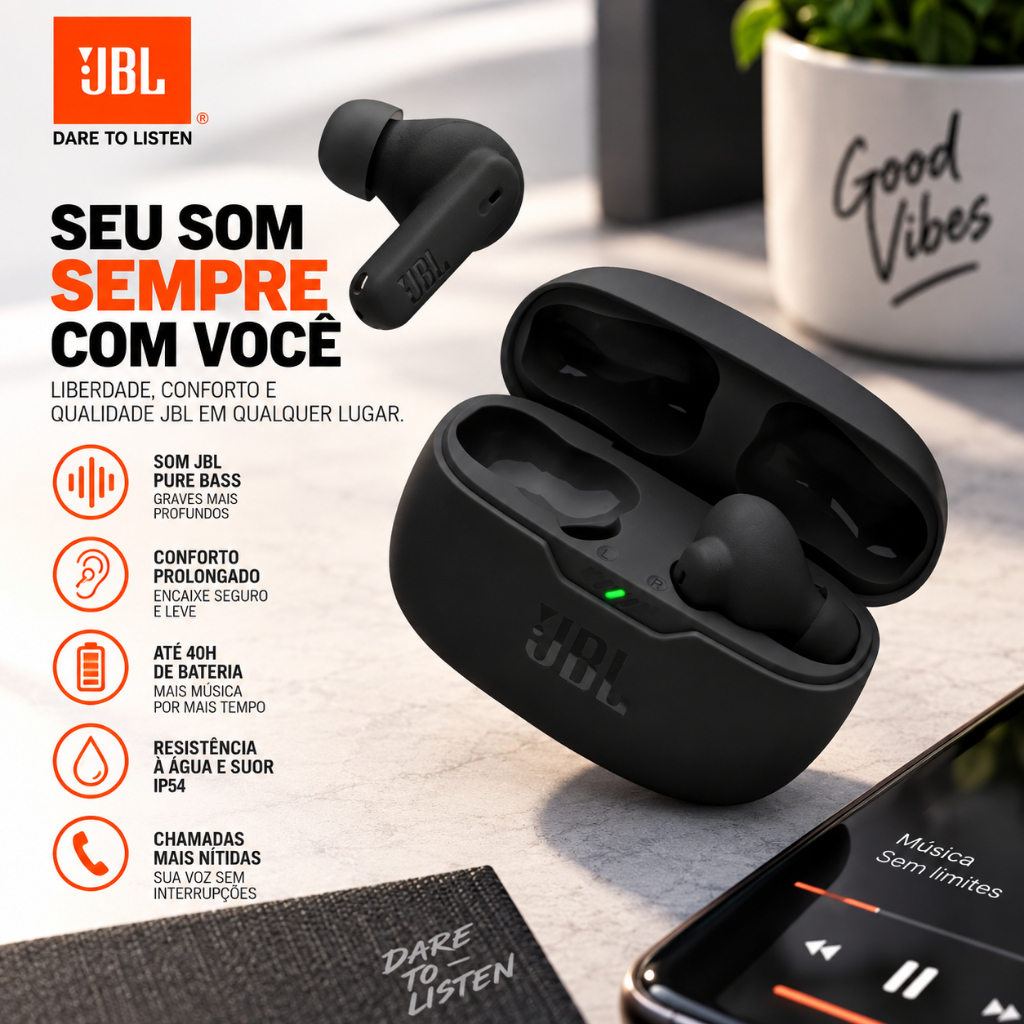 Fone JBL Wave Beam 2 Original Bluetooth TWS Cancelamento de Ruído Preto