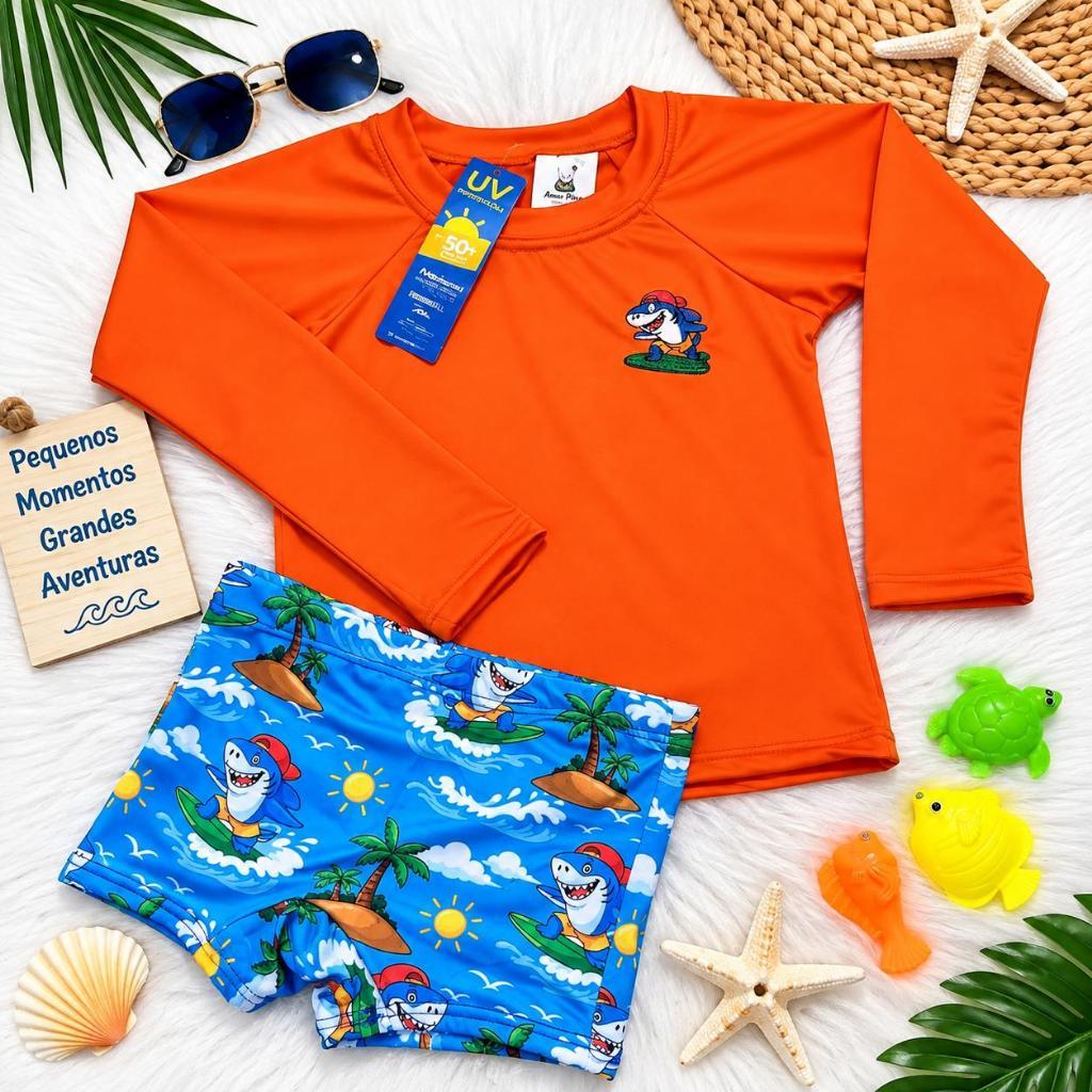 Sunga Infantil mais Blusa UV50+ Proteção Térmica Conjunto Roupa De Banho Praia Piscina