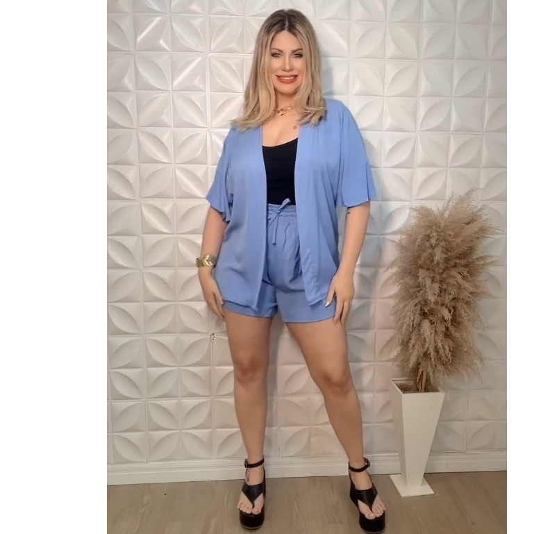 Conjunto Kimono e Short feminino Viscolinho - liso Elegante - Moda Verão Casual