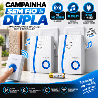 Campainha Sem Fio Dupla 2 Receptores 100m 32 Toques Bivolt Residencial Wireless