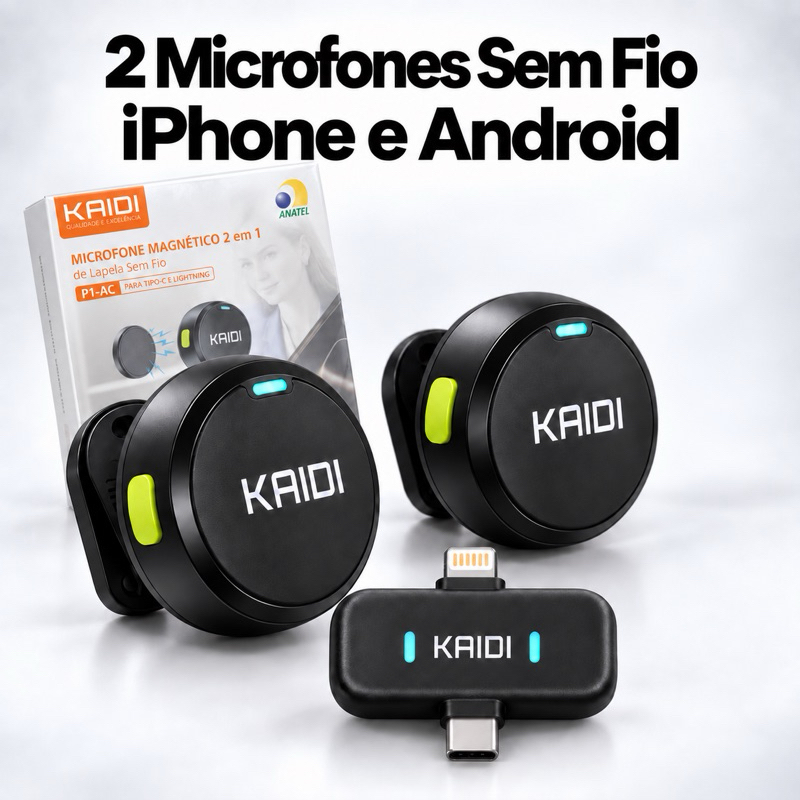 Microfone de Lapela Sem Fio Kaidi Duplo 2 em 1 Magnético para iPhone e Tipo C Entrevista Podcast Vídeo Live e Gravação