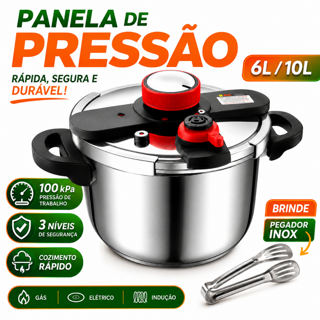 Imagem 304Panela de Pressao Inox 6L/10L 100kPa com Cesto de Vapor