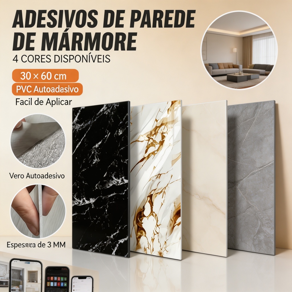 Kit 10/20/30 Peças Placas Adesivas 3D Mármore Parede Relevo Lavável Impermeável 60cm x 30cm Decoração Para Casa