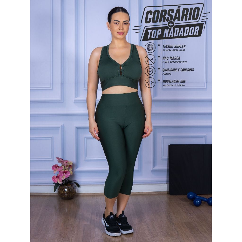 Conjunto Top Nadador Calça Corsário Suplex Dia Dia Academia