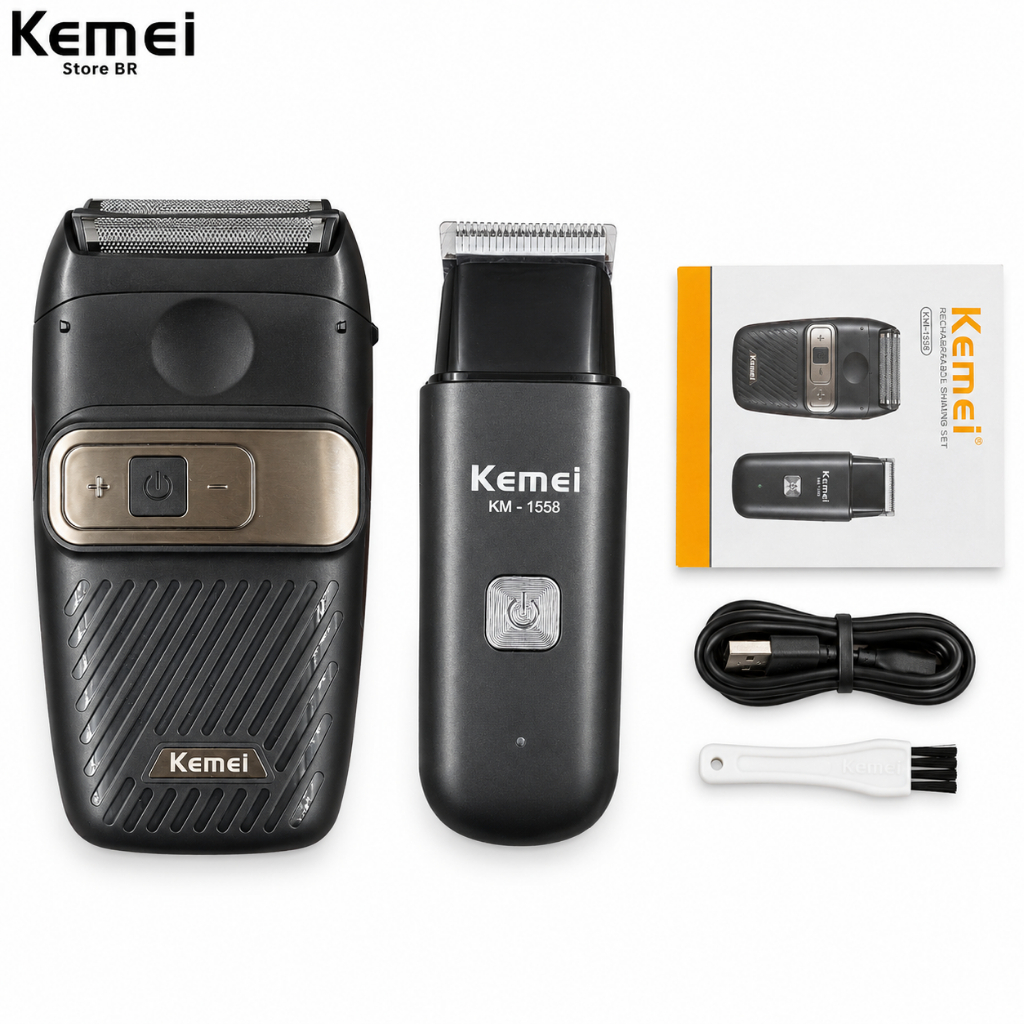 MÁQUINA KEMEI 2 EM 1 KM-1558 BIVOLT PORTATIL SHAVER TRIMMER PARA BARBA/CABEÇA ACABAMENTO/FINALIZAÇÃO POTENCIA 3/5 W