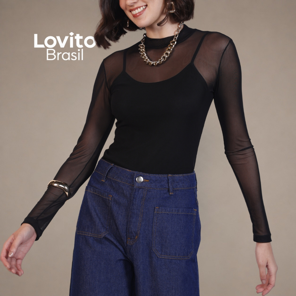 Lovito Blusa Casual Feminina de Tule Manga Longa Moda Mulher BLB16921722