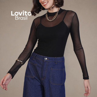 Lovito Blusa Casual Feminina de Tule Manga Longa Moda Mulher BLB16921722