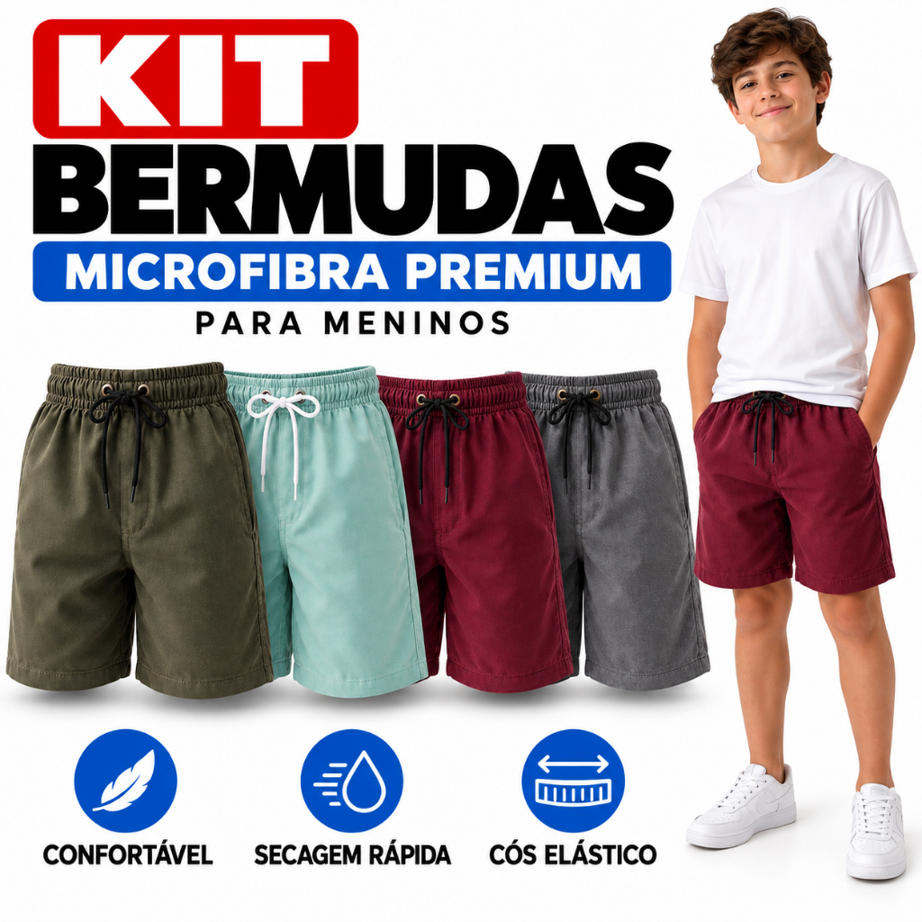 Kit 2 ou 4 Bermudas de Microfibra Menino 2 ao 16 anos Infantil Masculina Qualidade Premium