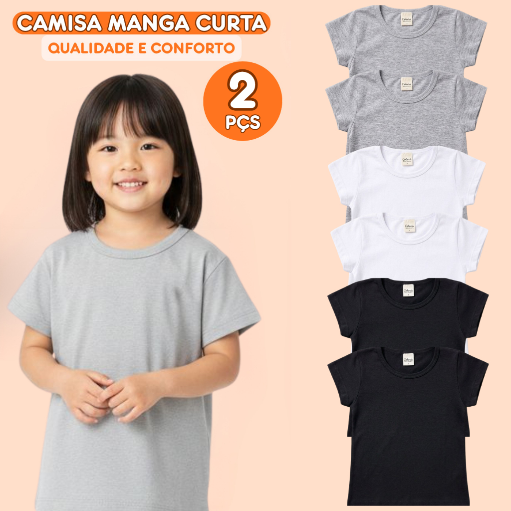 Kit 2 Blusas Manga Curta Infantil Menina Básica Lisa Camiseta Basicas