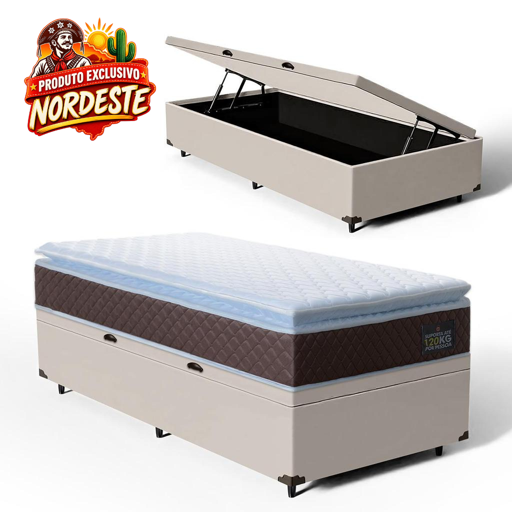 Cama Box Baú com Colchão de Espuma D33 Pillow Top Ortopédico Comfort Luxo Solteiro 88cm