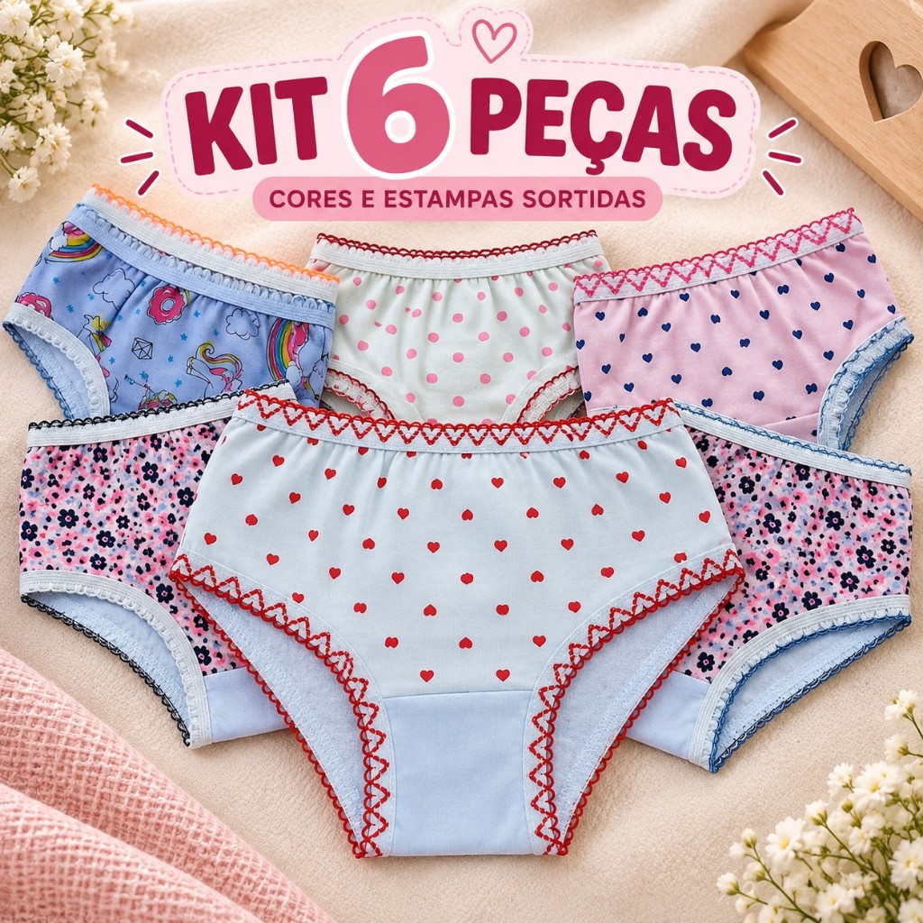 Kit 6 Calcinhas Infantis Menina 100% Algodão Estampas Sortidas Confortáveis