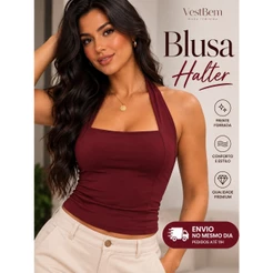 Blusa Feminina Top Halter Frente Única Costas Nua Forrada Halter Neck Regata Moda Verão Tendência