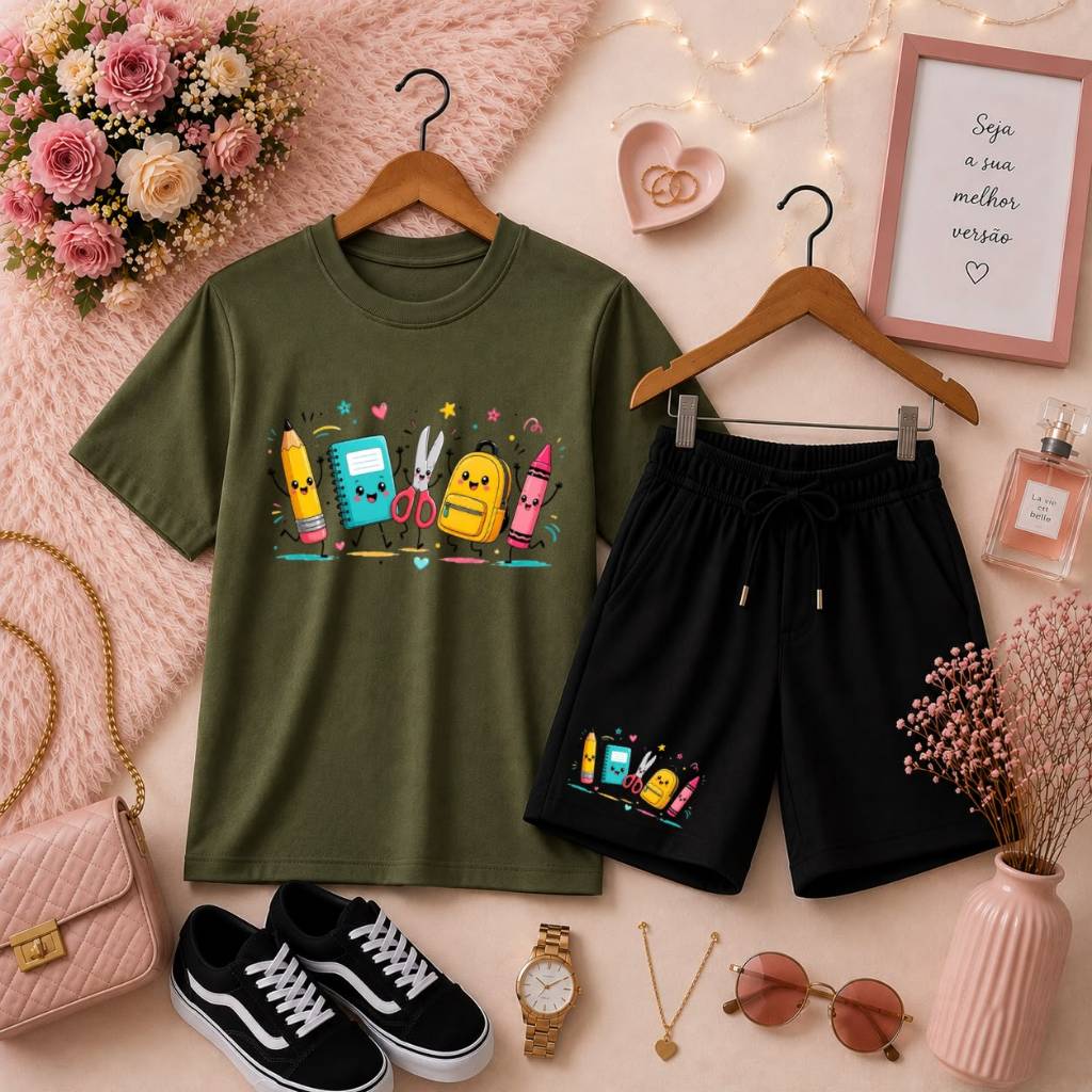 Conjunto Infantil Feminina Camiseta + Short de Moletom Preto Estampado Look Escolar Casual Moderno e Conforto