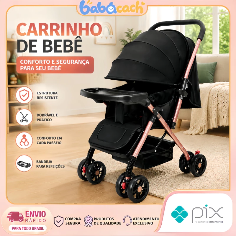 Carrinho de Bebê Portátil com Guidão Reversível, Rodas com Amortecedor, Assento Reclinável e Bandeja Inclusa