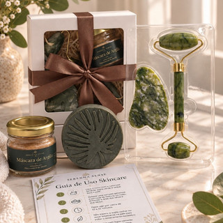 Kit Skincare Cuidado Facial Argila dourada com Oleo Essencial + Rolo de Jade + Sabonete Detox Facial