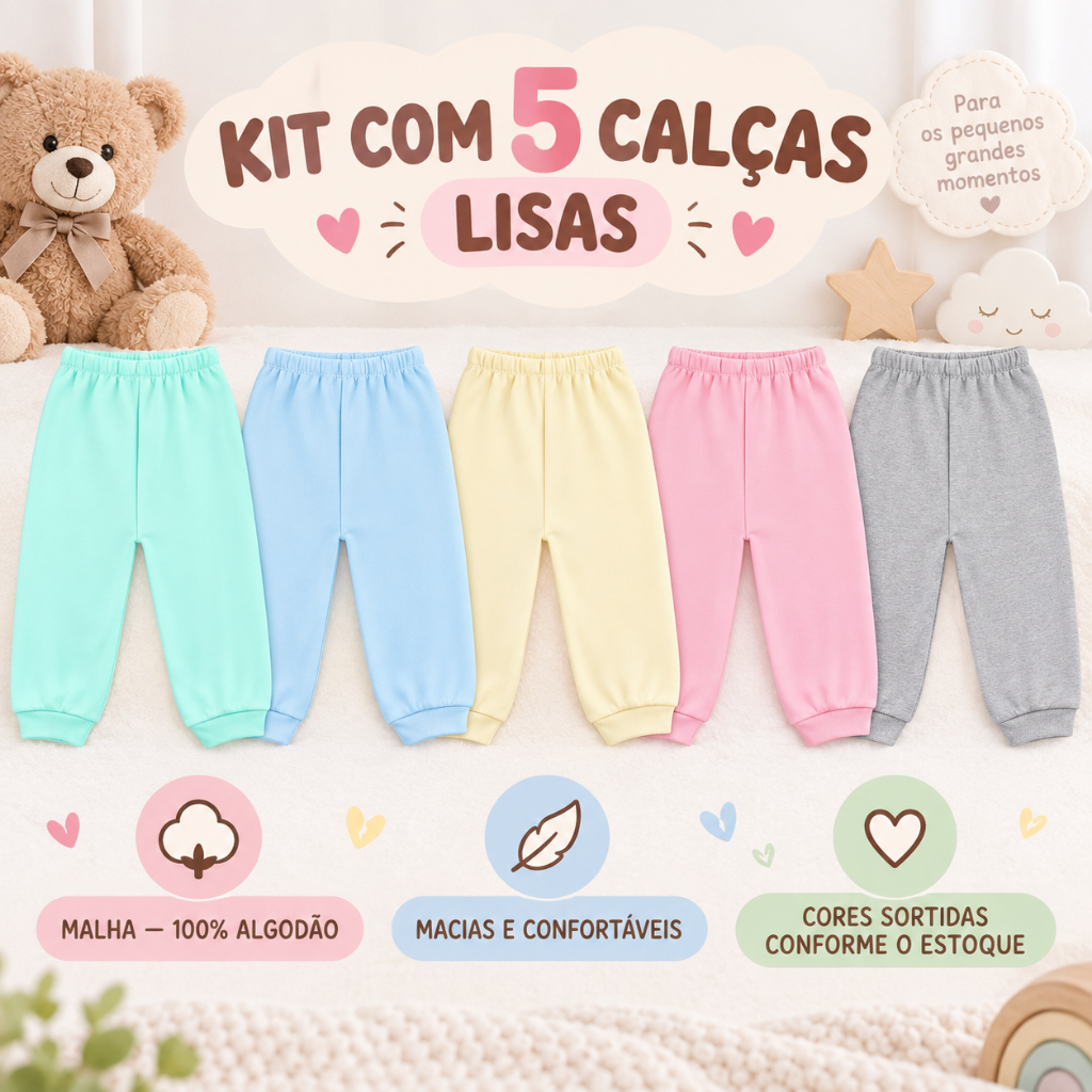 Kit 5 Calças Mijão Bebê Infantil | Liso | 100% Algodão | Feminino Masculino Unissex