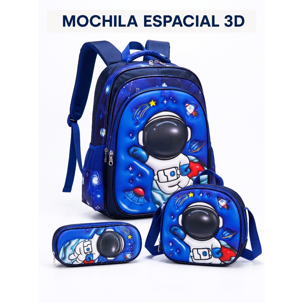 Kit Mochila Escolar 3D Infantil Bolsa Lancheira Estojo Estampas Masculino Alto Relevo