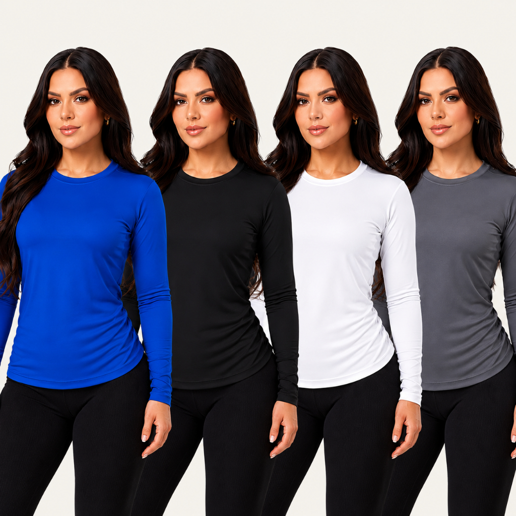 Kit 4 Camisa Térmica Feminina Proteção Solar UV50 Segunda Pele Camiseta Manga Longa Malha Fria Blusa Praia Pesca