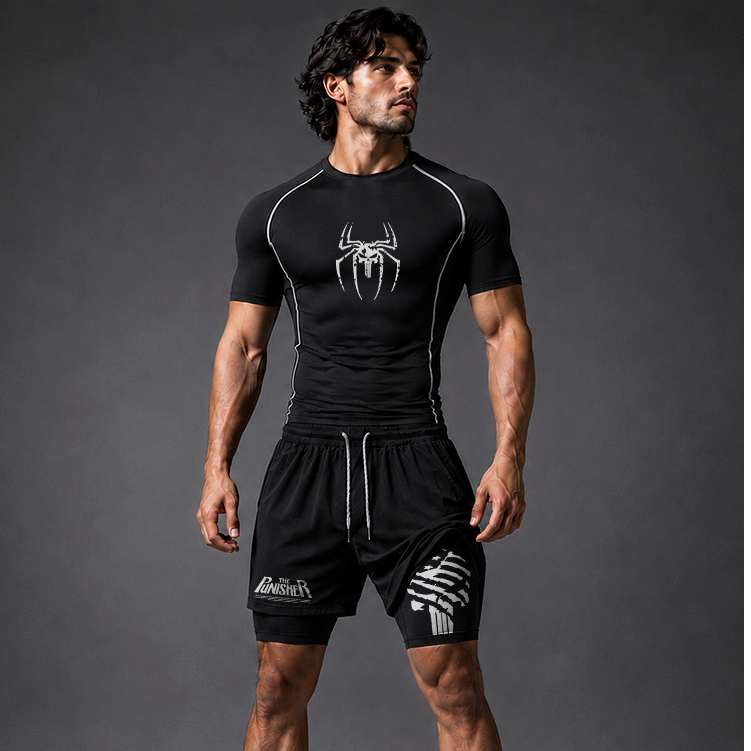Conjunto Masculino Camiseta Compressão Costura Inversa e Short Compressão The Punisher Spider Academia Gym
