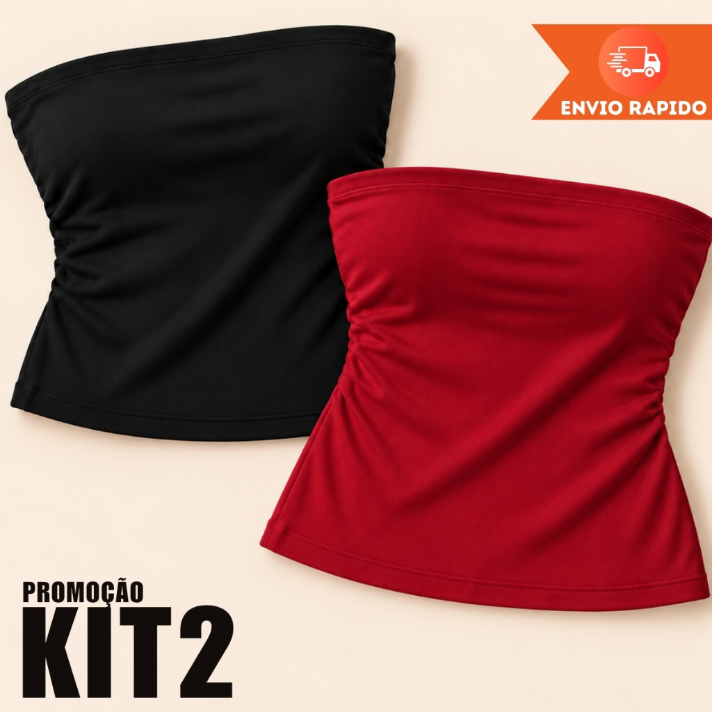 Kit com 2 Tube Top Suplex Faixa Blusa Feminino Duplo Cropped Tubinho Básico Suplex Blogueira Premium