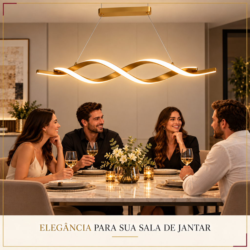 Luminária Pendente LED Moderno Luxo Minimalista Infinito Infinity 3200K Cabo 2M Dourado Preto Mesa