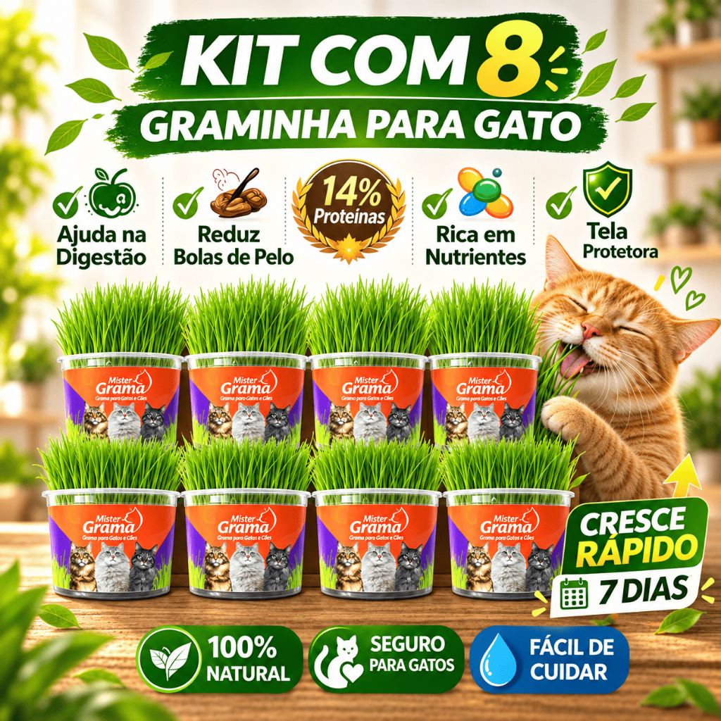 Grama Para Gato Mister C/ 8 Unidades – Auxilia na Digestão e Bola de Pelo / Fácil de Plantar
