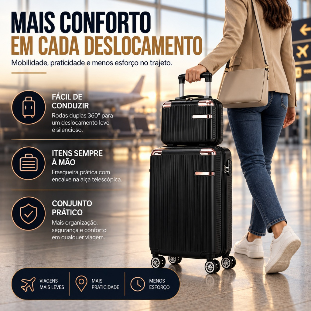 Kit Mala De Viagem E Frasqueira Ziper Extensível Roda Dupla 360° Zíper Expansível