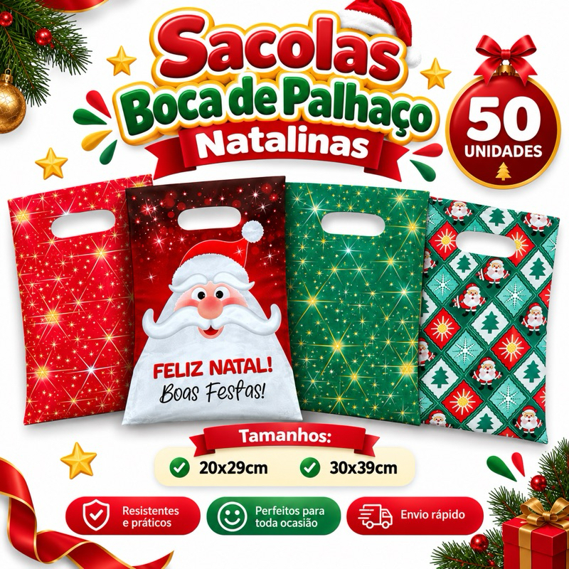 Sacola Boca de Palhaço Natalina Kit 50 Unidades Sacos para Presente Natal Estampados 20x29 e 30x39cm