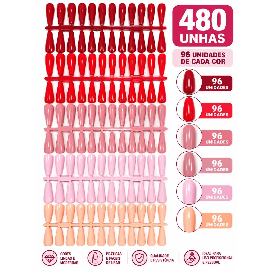 Kit 480/240 UNHAS Postiça Bailarina Nude/Transparente/Vermelha Ferrari/Vinho Nude Escuro/Rosa Claro
