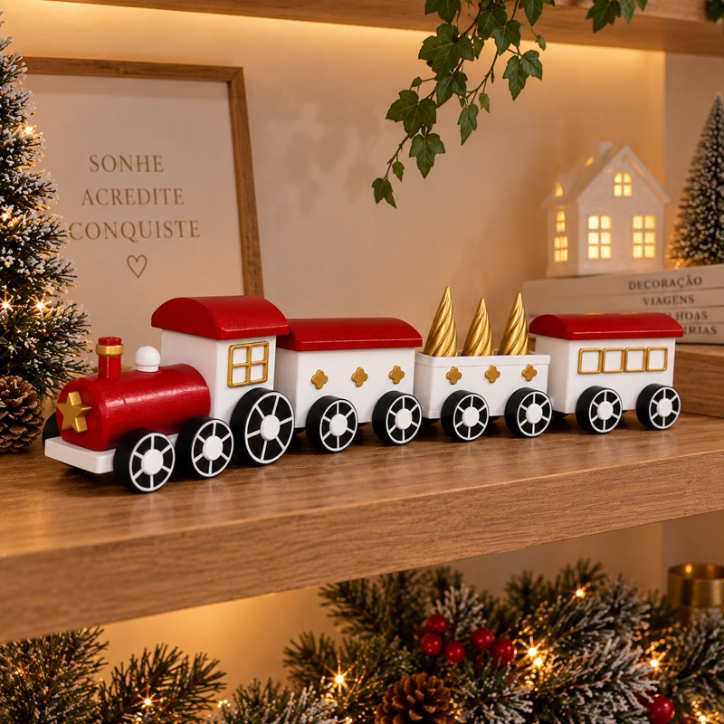 Trem De Natal 4 Vagões Articulados | Trenzinho Decoração Enfeite Natalino Vila Natalina Papai Noel