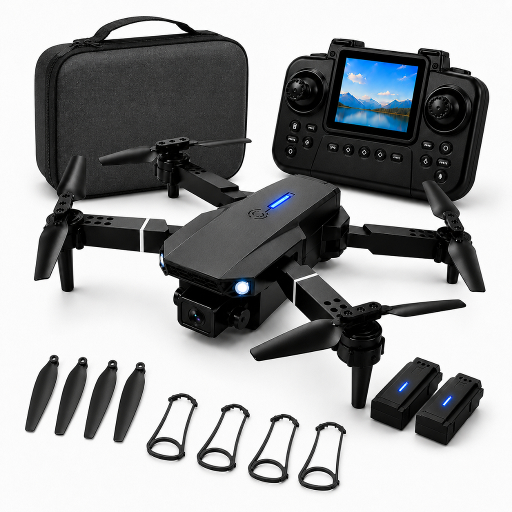 Drone E88 Pro Dobrável Câmera HD Dupla Controle APP WiFi 2 Baterias Hover Altitude Hold