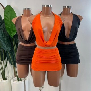 Conjunto Talita Feminino Cropped Vazado + Saia Drapeada Curta Tendência Inspiração Moda Evento Balada