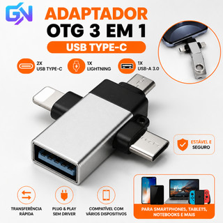 Adaptador OTG 3 em 1 USB Tipo C Para Android iPhone Conector Plug Play Smartphone Tablet Conversor
