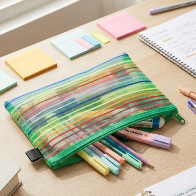 Kit 3 Estojo Escolar Transparente Tela Mesh Necessaire Organizador de Bolsa Maquiagem Cabos Zíper Multiuso⁠