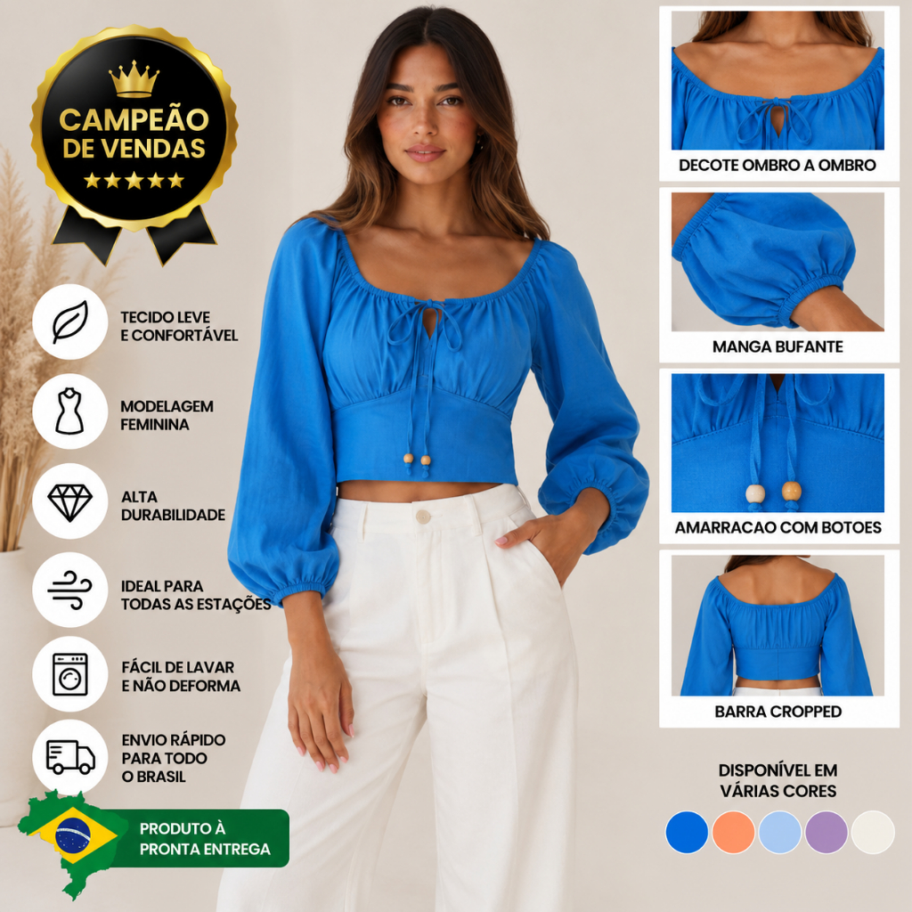 Blusa Cropped Ciganinha Feminina Manga Longa Bufante com Amarração e Decote Ombro a Ombro P M G