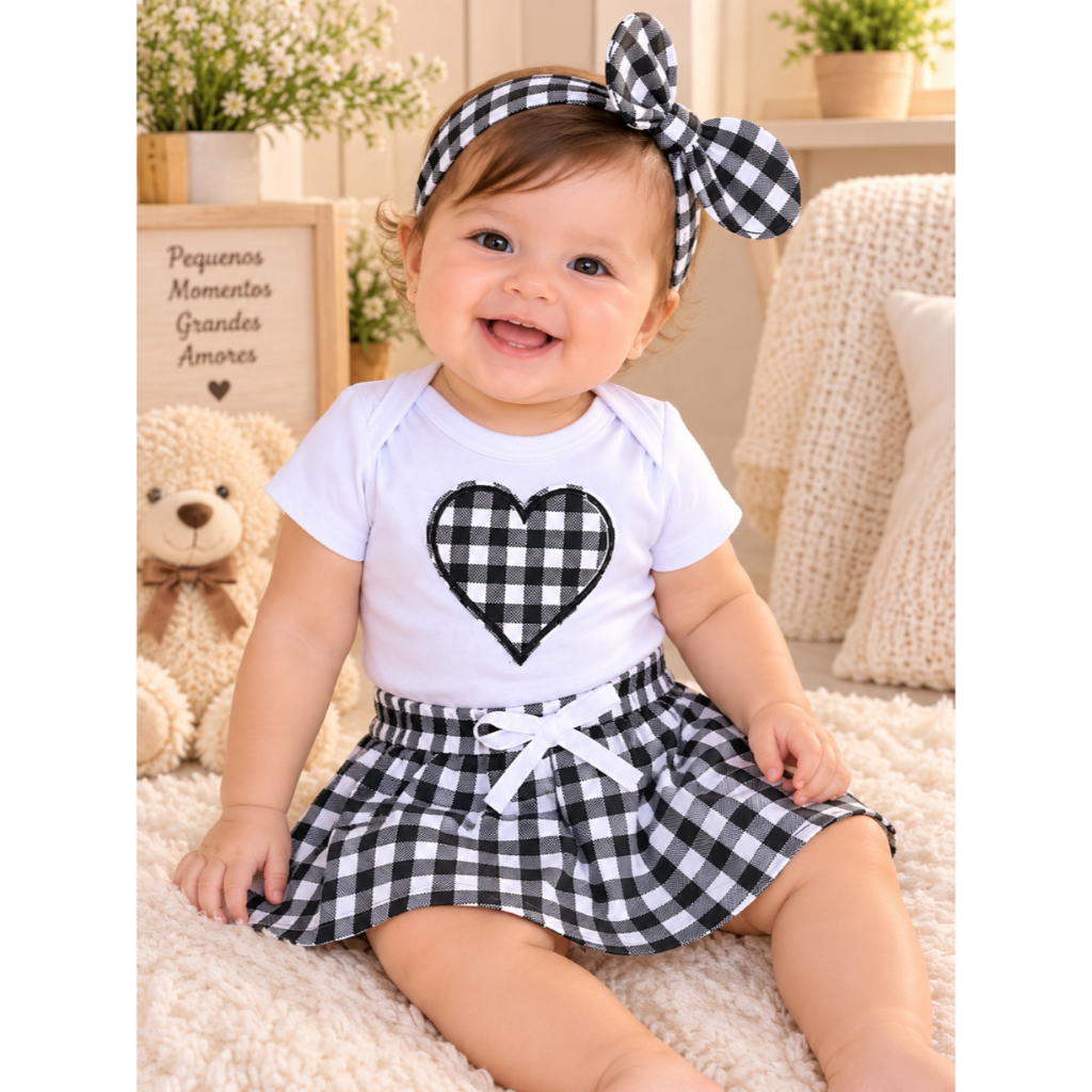 Conjunto Roupa Bebê Menina com Saia Faixinha Cabelo Body Verão Fresquinho Algodão Conjuntinho P M G