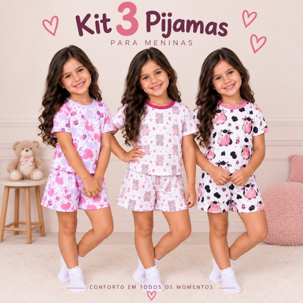 Kit 3 Ou Individual Pijama Conjunto Manga Curta Menina Verão Feminino Estampado Algodão Confortável