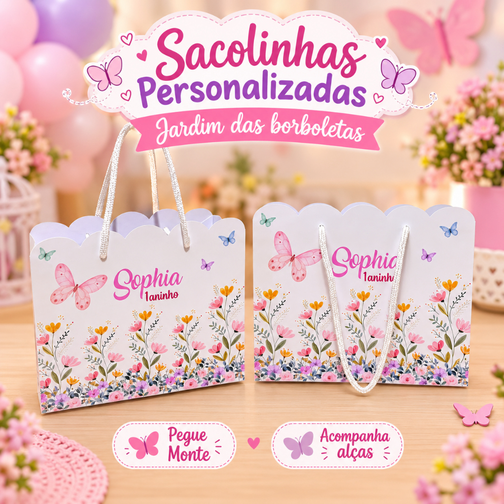 Kit Sacolinhas Jardim das Borboletas 10 20 30 Lembrancinha Festa Infantil Personalizada