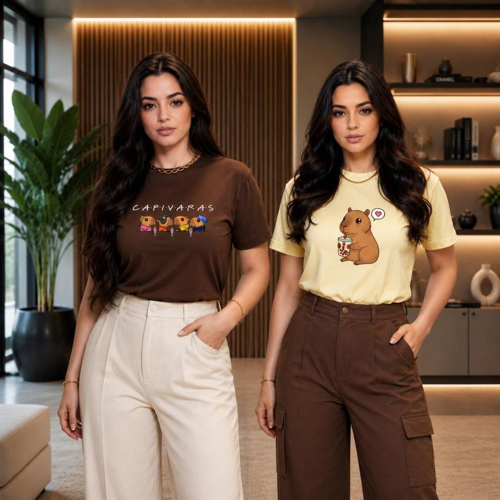 Kit 2 Camiseta Estilosa Estampada Capivara T-Shirt Feminina Tendência 100% Algodão Envio Imediato